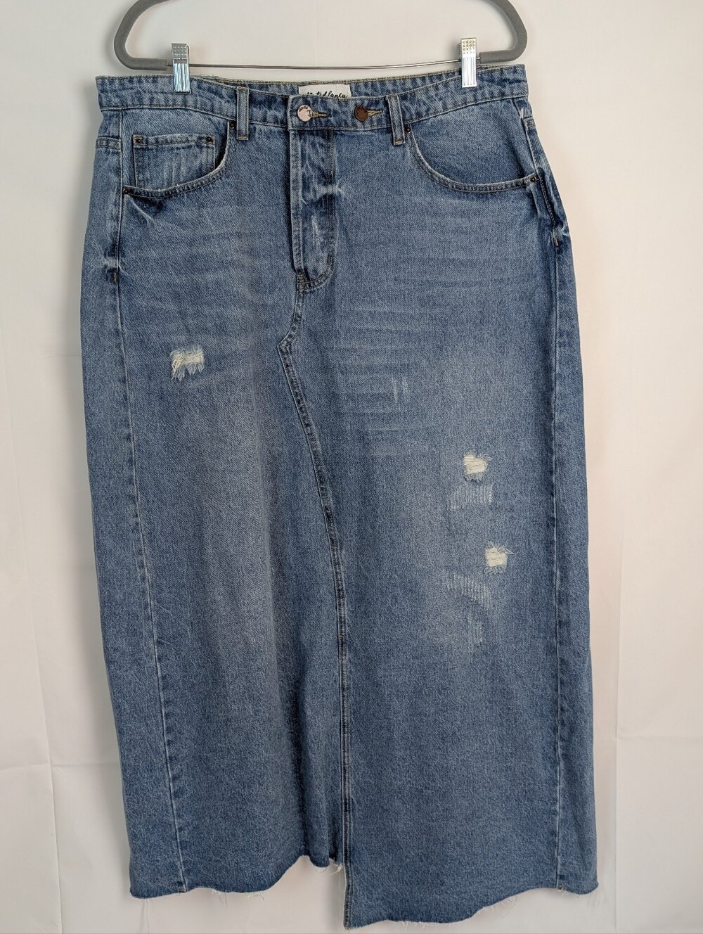 Skirted Fancy Distressed Asymmetrical Hem Maxi Denim Skirt 2XL